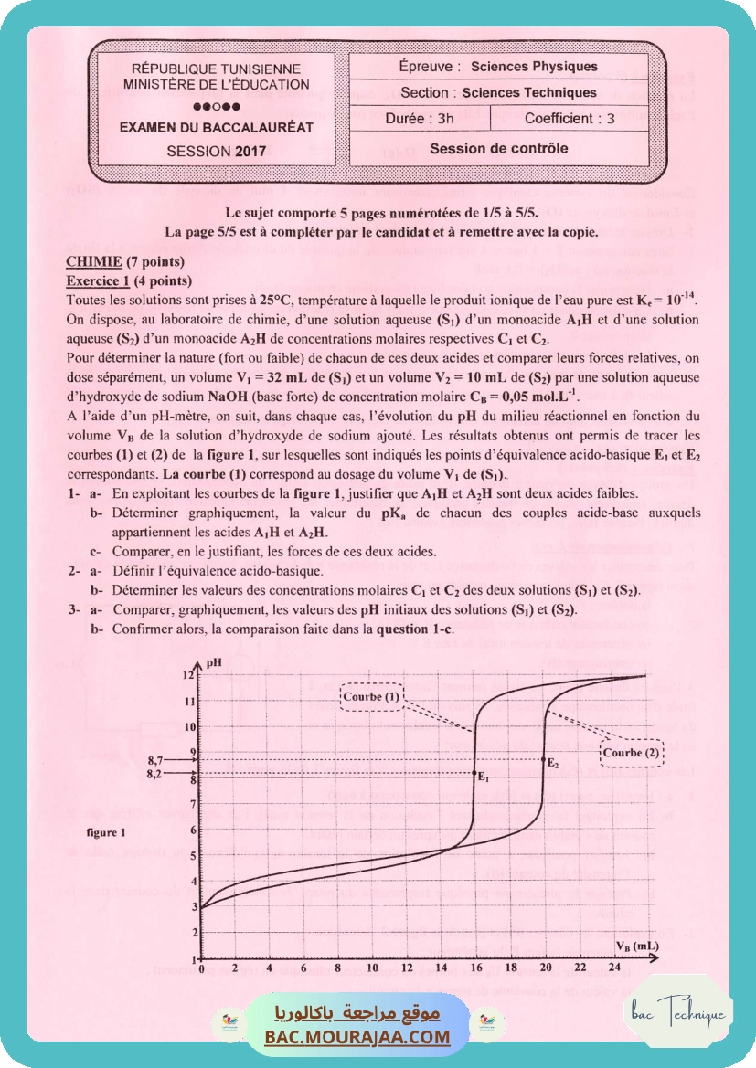 Sujet controle physique Bac 2017 – Section technique